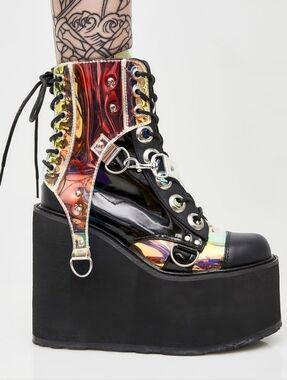 Demonia Black Platform Boot with Iridescent Panels